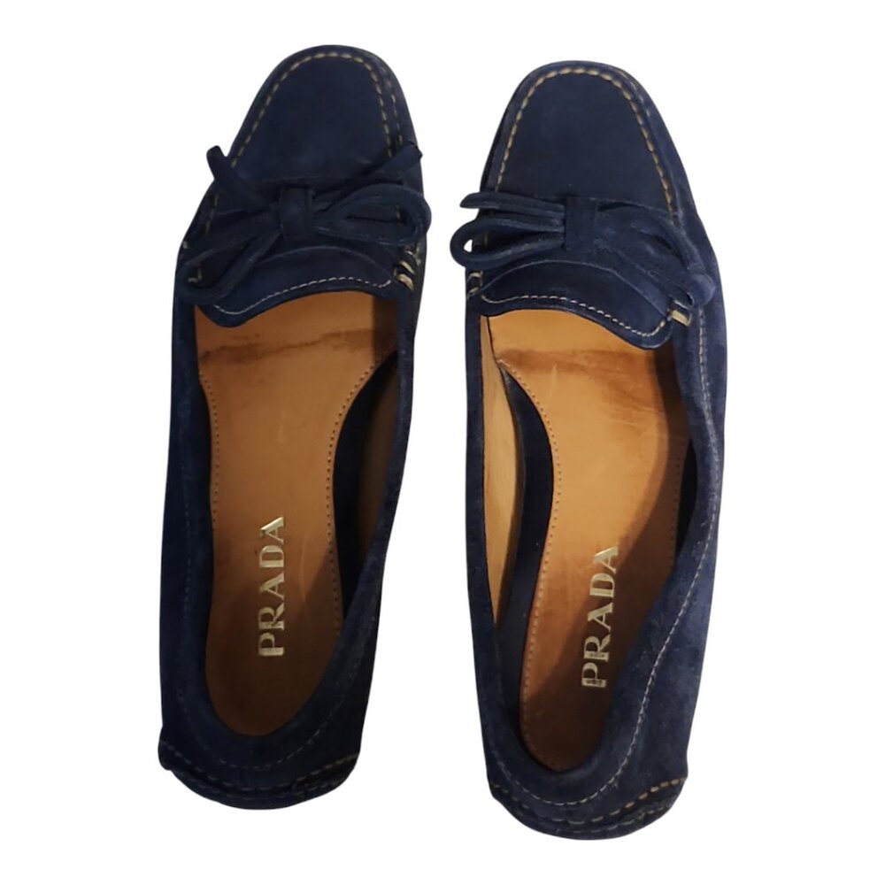 Prada Womens Bleu Suede Bow Driver Loafer 35.5 - Picture 5 of 10